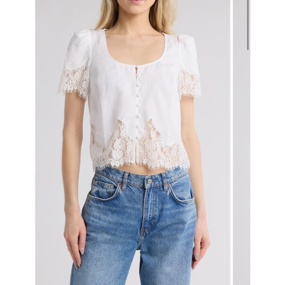 Reformation White Lace-Trim Button Front Crop Top
